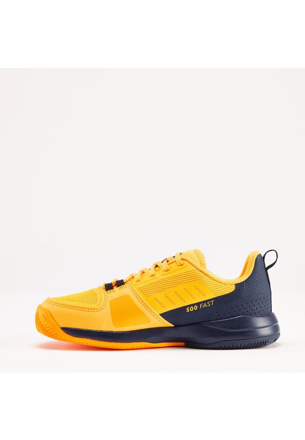 ARTENGO - Buty do tenisa dla dzieci Artengo Fast Clay sznurowane na kort ziemny. Kolor: niebieski, żółty, pomarańczowy, wielokolorowy. Materiał: materiał, kauczuk. Szerokość cholewki: szeroka. Sport: tenis