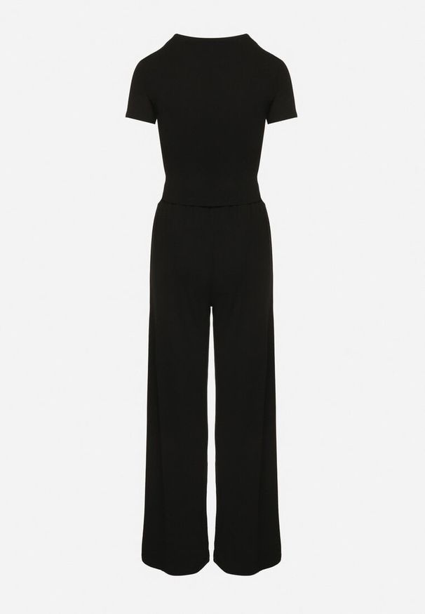 Born2be - Czarny Bawełniany Komplet Dopasowany T-shirt i Szerokie Spodnie Neliava. Kolor: czarny. Materiał: bawełna