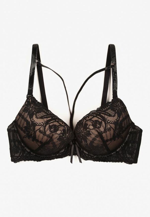 Renee - Czarno-Beżowy Koronkowy Biustonosz Ozdobiony Kokardą Falzedia. Kolor: czarny. Materiał: koronka. Rodzaj stanika: odpinane ramiączka. Wzór: aplikacja