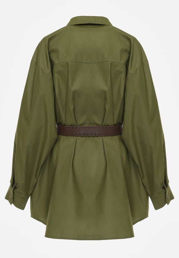 Renee - Zielona Bawełniano-Wiskozowa Koszula o Długim Kroju Oversize z Paskiem Tethys. Okazja: na co dzień. Typ kołnierza: kołnierzyk klasyczny. Kolor: zielony. Materiał: wiskoza, bawełna. Długość: długie. Styl: casual, klasyczny