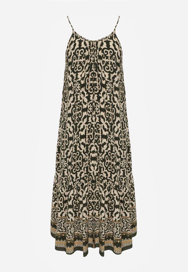 Renee - Ciemnozielona Rozkloszowana Sukienka z Bawełny na Cienkich Ramiączkach Nellmaira. Okazja: na imprezę. Kolor: zielony. Materiał: bawełna. Długość rękawa: na ramiączkach. Sezon: lato