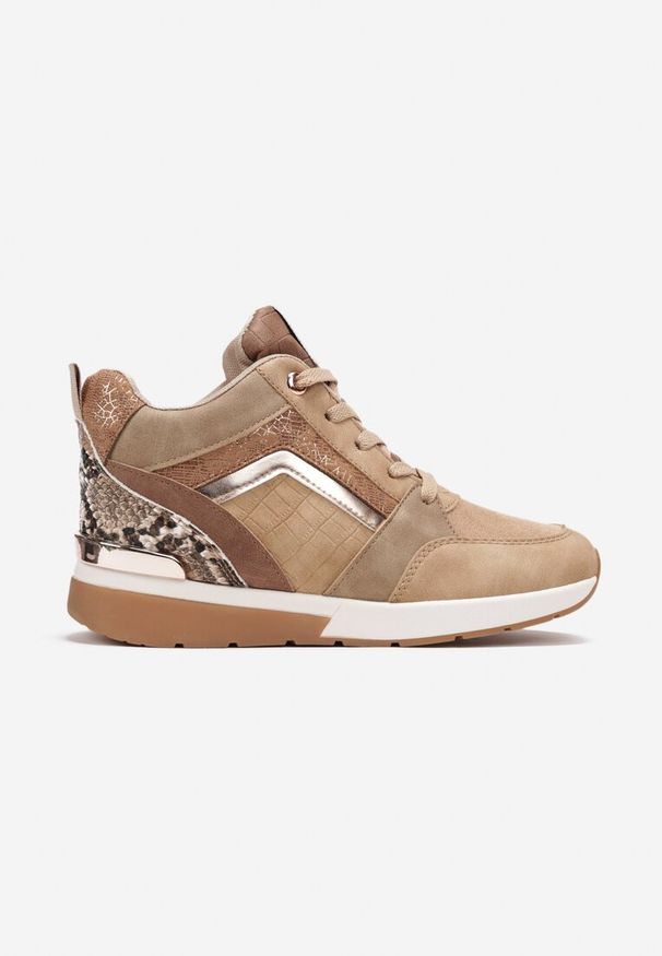 Born2be - Ciemnobeżowe Sneakersy na Ukrytym Koturnie Ozdobione Metalicznymi Wstawkami Sicran. Nosek buta: okrągły. Zapięcie: sznurówki. Kolor: beżowy. Materiał: materiał. Wzór: aplikacja. Sezon: lato, jesień, wiosna. Obcas: na koturnie. Wysokość obcasa: średni