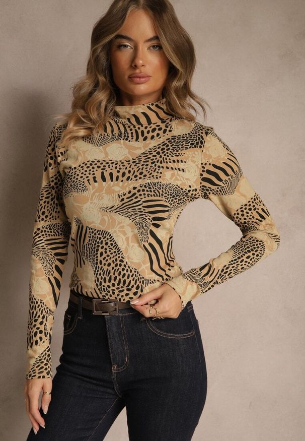 Renee - Brązowo-Czarna Bluzka Longsleeve z Bawełny z Półgolfem i Panterkowym Printem Unalla. Kolor: brązowy. Materiał: bawełna. Długość rękawa: długi rękaw. Wzór: nadruk