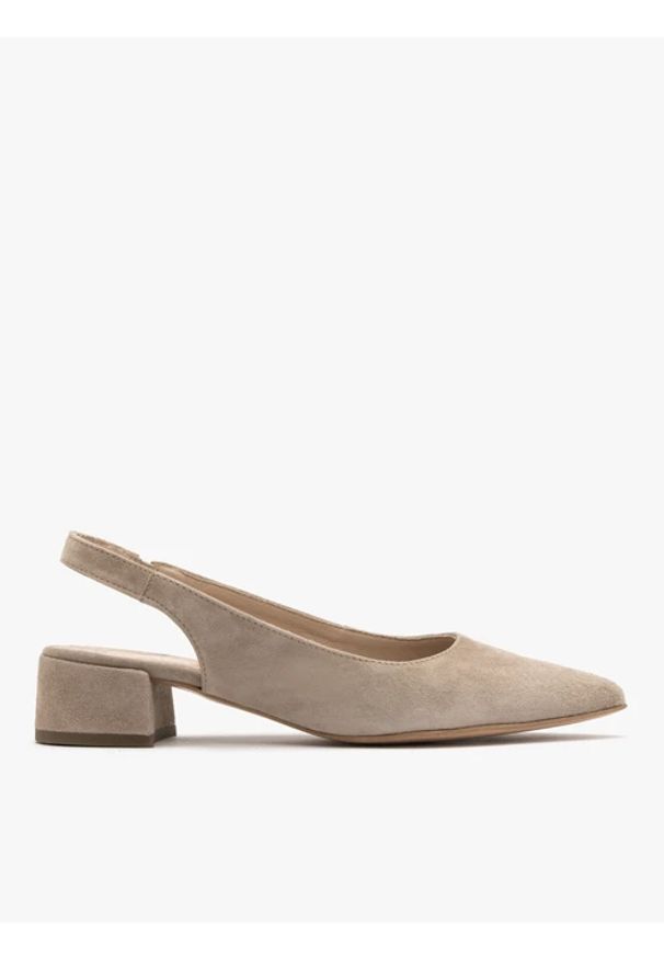 Ryłko - Beżowe czółenka z otwartą piętą typu slingback. Nosek buta: otwarty. Kolor: beżowy. Materiał: skóra, welur. Szerokość cholewki: normalna. Obcas: na obcasie. Styl: street. Wysokość obcasa: średni