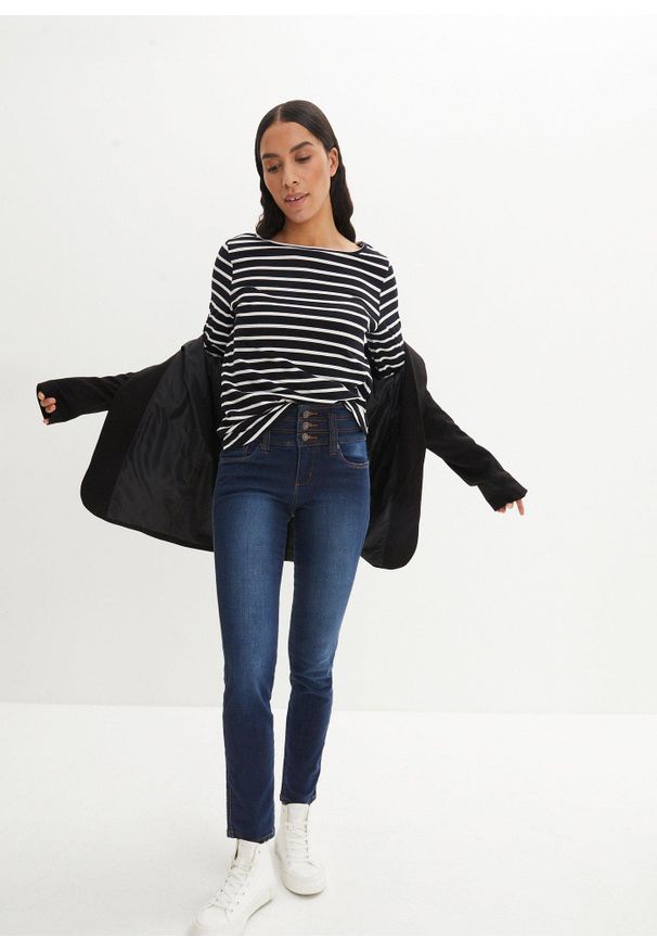 bonprix - Modelujące dżinsy o kroju slim fit, high waist. Stan: podwyższony. Kolor: niebieski