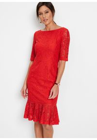 Sukienka koronkowa z falbaną w dolnej części bonprix czerwony sygnałowy. Kolor: czerwony. Materiał: koronka. Wzór: koronka #6