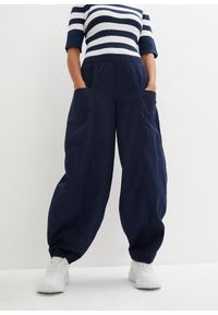 bonprix - Spodnie z bawełnianego diagonalu z domieszką elastanu. Kolor: niebieski. Materiał: elastan, bawełna, materiał. Sezon: lato #1