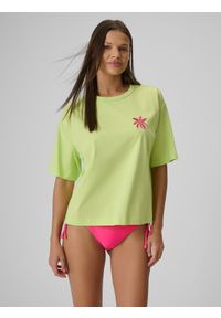 4f - 4F T-shirt boxy z nadrukiem damski - zielony S. Okazja: na co dzień. Kolor: żółty. Materiał: dzianina, materiał, bawełna. Wzór: nadruk. Styl: casual #1