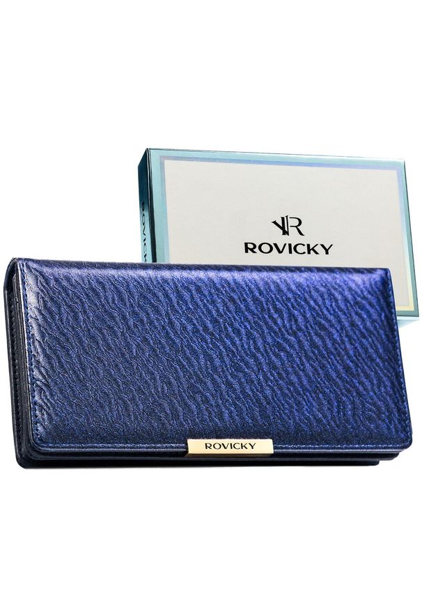ROVICKY - Granatowy portfel damski ze skóry ekologicznej wyposażony w system RFID - Rovicky. Kolor: niebieski. Materiał: skóra ekologiczna