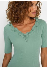 Sweter z falbaną ze sztrasami, z przyjaznej dla środowiska wiskozy bonprix zielony pastelowy. Kolor: zielony. Materiał: wiskoza #5