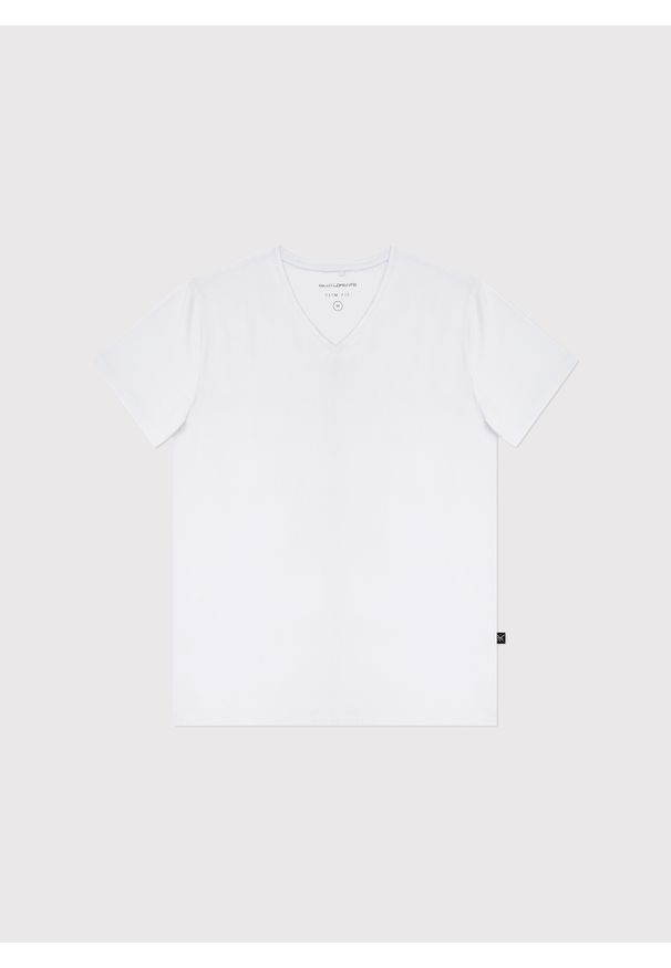 Pako Lorente - PAKO LORENTE – Biały gładki t-shirt v-neck. Kolor: czarny, biały, niebieski. Materiał: elastan, bawełna. Wzór: gładki