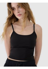 4f - 4F Crop-top slim damski - czarny XL. Kolor: czarny. Materiał: dzianina, materiał, syntetyk, włókno, elastan. Długość rękawa: na ramiączkach. Wzór: gładki, ze splotem, jednolity
