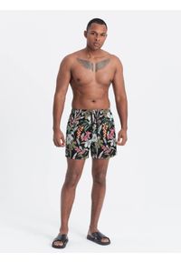 Ombre Clothing - Szorty męskie kąpielówki w kwiaty - czarne V3. Okazja: na plażę. Kolor: czarny. Materiał: poliester, materiał. Wzór: kwiaty #7