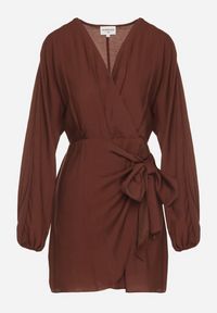 Born2be - Brązowa Wiskozowa Sukienka Kopertowa z Wiązaniem i Bufiastymi Rękawami Onevia. Okazja: na co dzień. Kolor: brązowy. Materiał: wiskoza. Typ sukienki: kopertowe. Styl: casual, klasyczny #5