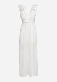 Born2be - Biały Plisowany Kombinezon Koktajlowy Ozdobiony Falbanami z Szerokimi Nogawkami Frelfrea. Kolor: biały. Materiał: materiał. Wzór: aplikacja. Styl: wizytowy #7