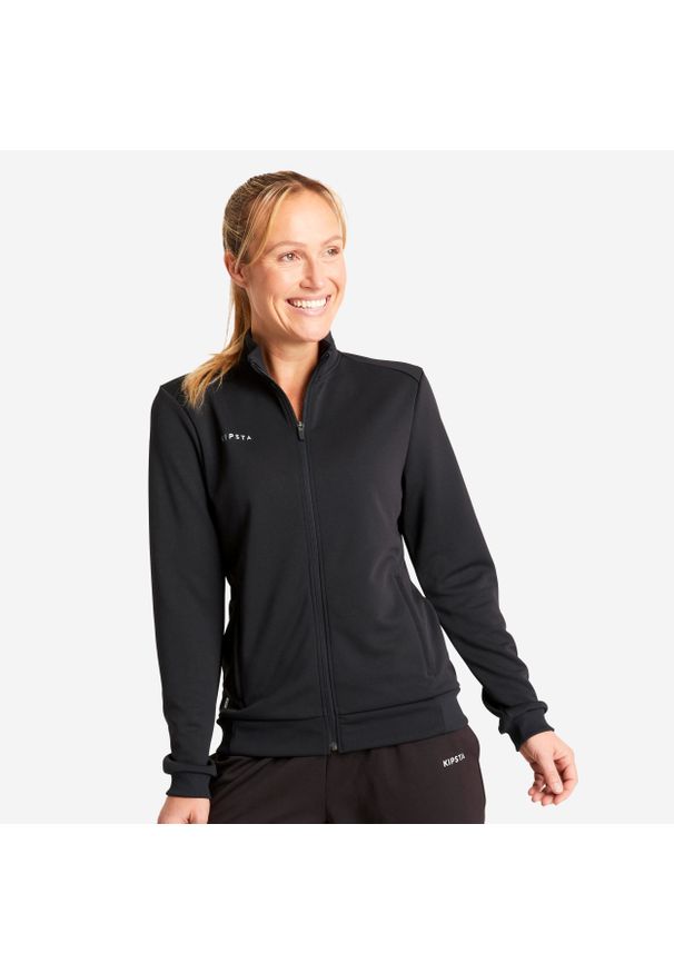 KIPSTA - Bluza treningowa do piłki nożnej damska Kipsta Essential. Typ kołnierza: komin. Kolor: czarny, szary, wielokolorowy. Materiał: poliester, prążkowany, materiał, tkanina, elastan. Sport: piłka nożna, fitness