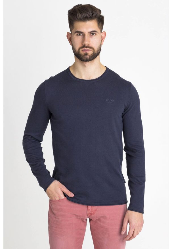 Niebieski sweter JOOP! Jeans z haftami, z okrągłym kołnierzem