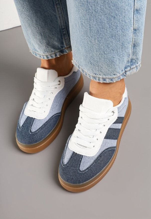 Born2be - Niebiesko-Granatowe Sneakersy w Stylu Tenisówek z Paskami Falanisa. Okazja: na co dzień. Zapięcie: pasek. Kolor: niebieski. Materiał: jeans