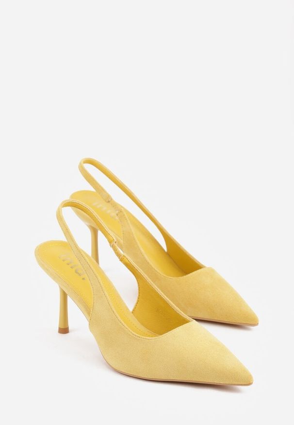 Renee - Żółte Sandały Slingback na Szpilce z Imitacji Zamszu Carilona. Zapięcie: bez zapięcia. Kolor: żółty. Materiał: zamsz. Sezon: lato. Obcas: na szpilce. Styl: elegancki, wizytowy. Wysokość obcasa: średni