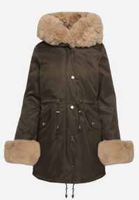 Born2be - Zielono-Beżowa Kurtka Parka z Kapturem i Odpinanymi Futerkowymi Zdobieniami Inessara. Okazja: na co dzień. Typ kołnierza: kaptur. Kolor: zielony. Materiał: skóra. Wzór: aplikacja. Styl: casual, elegancki #7