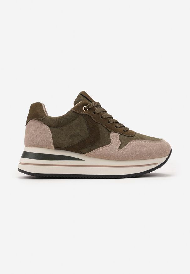 Born2be - Zielone Sneakersy na Grubej Podeszwie Lureta. Kolor: zielony, beżowy. Materiał: jeans