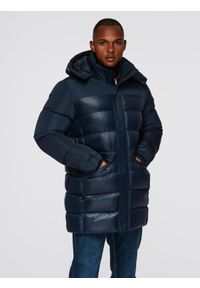 Ombre Clothing - Pikowana kurtka męska z łączonych materiałów i kapturem – granatowa V3 - Rozmiar: XL. Okazja: na spacer, do pracy. Typ kołnierza: kołnierzyk stójkowy. Kolor: niebieski. Materiał: materiał. Długość: długie. Sezon: zima. Styl: elegancki