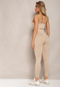Renee - Beżowy Elastyczny Komplet Fitness Usztywniany Biustonosz i Legginsy z Gumką Orbinra. Kolor: beżowy #5