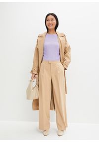 bonprix - Szerokie spodnie z zakładkami. Kolor: beżowy. Materiał: poliester. Styl: elegancki #2