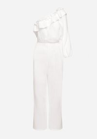 Born2be - Biały Asymetryczny Kombinezon z Bawełny Ozdobiony Falbaną przy Dekolcie i Gumką w Talii Jegelia. Okazja: na co dzień. Kolor: biały. Materiał: bawełna. Wzór: aplikacja. Styl: elegancki, casual #4