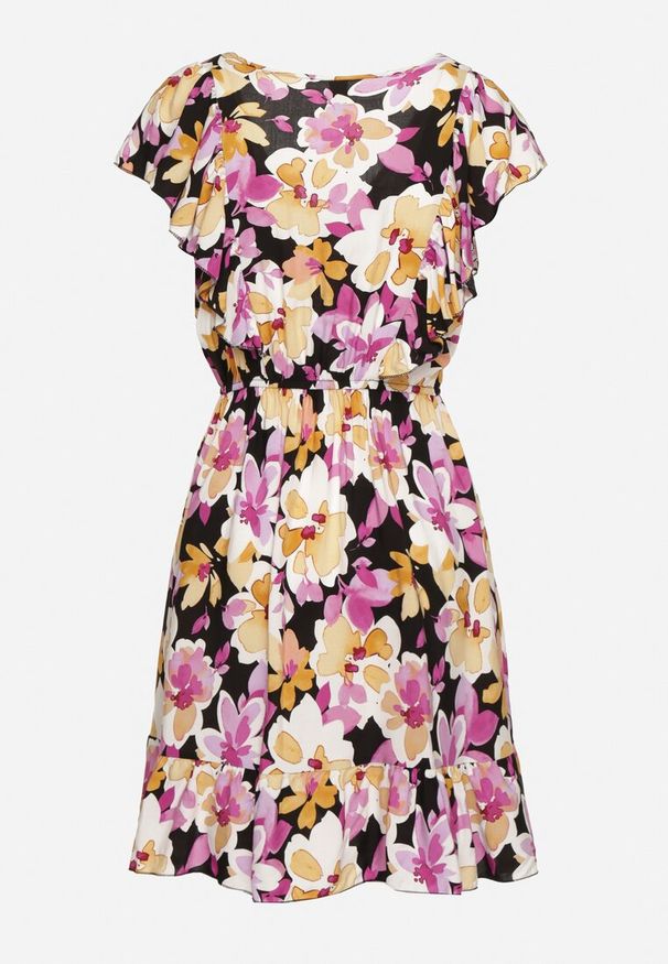 Born2be - Czarno-Różowa Rozkloszowana Sukienka z Bawełny w Kwiaty z Gumką w Talii z Falbankami Nelsara. Okazja: na co dzień. Typ kołnierza: kołnierz z falbankami. Kolor: czarny. Materiał: bawełna. Długość rękawa: krótki rękaw. Wzór: kwiaty. Sezon: lato. Styl: casual