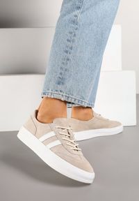 Born2be - Beżowe Skórzane Sneakersy Typu Klasyczne Tenisówki na Grubej Podeszwie Eleavine. Okazja: na co dzień, do pracy, na spacer. Kolor: beżowy. Materiał: skóra. Sport: turystyka piesza