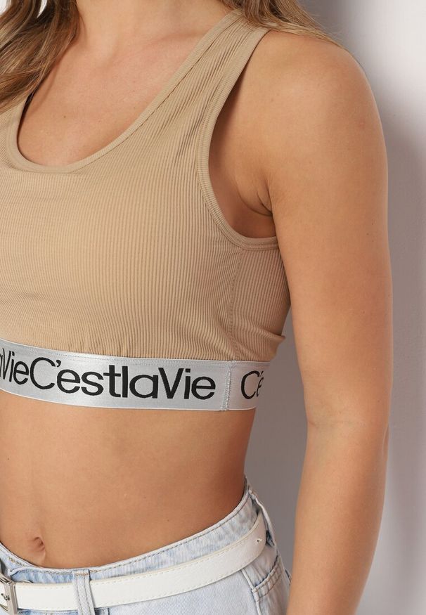 Born2be - Beżowy Biustonosz Top Sportowy Prążkowany z Ozdobną Gumą Fanelli. Kolor: beżowy. Materiał: guma, prążkowany. Styl: sportowy