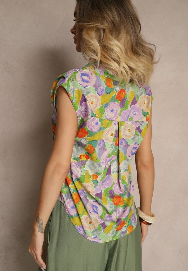 Renee - Fioletowo-Zielona Koszula z Bawełny w Kwiaty Natilea. Okazja: na co dzień. Kolor: fioletowy. Materiał: bawełna. Wzór: kwiaty. Styl: casual, elegancki