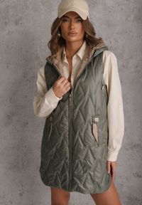 Renee - Zielona Długa Kamizelka Pikowana z Nieodpinanym Kapturem Semaea. Kolor: zielony. Materiał: prążkowany, jeans. Długość: długie. Styl: street #8