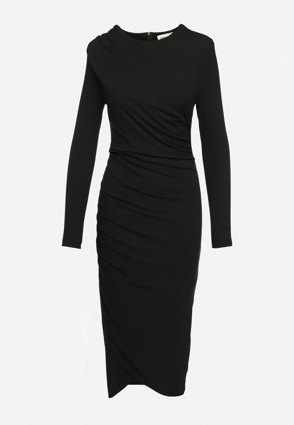 Born2be - Czarna Sukienka z Wiskozą Marszczona po Bokach z Usztywnionymi Ramionami Zeiena. Okazja: na co dzień. Kolor: czarny. Materiał: wiskoza. Długość rękawa: długi rękaw. Typ sukienki: proste. Styl: casual, klasyczny