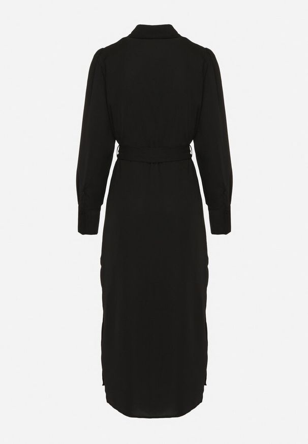 Born2be - Czarna Sukienka Koszulowa z Paskiem Cekinami i Koralikami Danielis. Okazja: na co dzień. Typ kołnierza: kołnierzyk klasyczny. Kolor: czarny. Materiał: skóra. Długość rękawa: długi rękaw. Wzór: aplikacja. Typ sukienki: koszulowe. Styl: casual, klasyczny