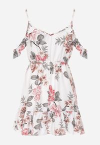 Renee - Biała Rozkloszowana Sukienka w Kwiaty z Falbanami Nonare. Typ kołnierza: kołnierz z falbankami, dekolt kopertowy. Kolor: biały. Długość rękawa: na ramiączkach. Wzór: kwiaty. Typ sukienki: kopertowe. Długość: mini #4