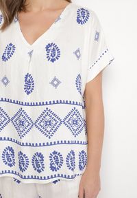 Born2be - Niebiesko-Biały Bawełniany Komplet Koszula i Szerokie Spodnie w Stylu Boho Ollirive. Kolor: niebieski. Materiał: bawełna. Wzór: aplikacja #7