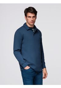 Ombre Clothing - Bluza męska z kołnierzykiem polo ze strukturalnej dzianiny - ciemnoniebieska V5. Typ kołnierza: polo. Kolor: niebieski. Materiał: dzianina