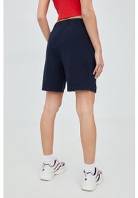 Superdry szorty bawełniane damskie kolor granatowy z aplikacją high waist. Okazja: na co dzień. Stan: podwyższony. Kolor: niebieski. Materiał: bawełna. Wzór: aplikacja. Styl: casual #2