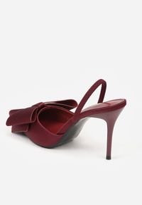 Renee - Bordowe Sandały Satynowe na Szpilce Slingback Ozdobione Kokardą Daemoris. Okazja: na wesele, na imprezę, na ślub cywilny. Zapięcie: sprzączka. Kolor: czerwony. Materiał: satyna. Wzór: aplikacja. Obcas: na szpilce. Styl: elegancki #2