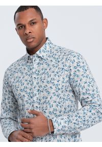 Ombre Clothing - Koszula męska SLIM FIT w print gałązek - niebiesko-szara V2. Okazja: na co dzień. Kolor: szary. Materiał: tkanina, bawełna, skóra. Wzór: nadruk. Styl: casual