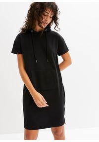 bonprix - Sukienka dresowa z kapturem. Typ kołnierza: kaptur. Kolor: czarny. Materiał: dresówka. Długość rękawa: krótki rękaw #1