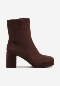Born2be - Brązowe Botki Vices na Obcasie i Platformie z Kwadratowym Noskiem Faliresa. Okazja: na co dzień. Kolor: brązowy. Obcas: na obcasie. Styl: casual, elegancki. Wysokość obcasa: średni #3
