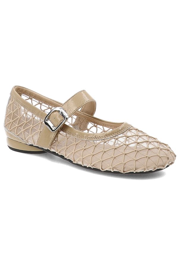 Baleriny damskie Filippo, cholewka z materiału tekstylnego siateczkowego z wykończeniem ze skóry naturalnej licowej na płaskiej podeszwie, beżowe, DP. Kolor: beżowy. Materiał: skóra, materiał. Szerokość cholewki: normalna. Obcas: na płaskiej podeszwie