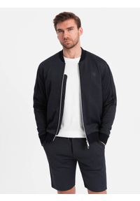 Ombre Clothing - Komplet męski kurtka + szorty z dzianiny żakardowej - granatowy V1. Kolor: niebieski. Materiał: żakard, dzianina. Wzór: nadruk #4