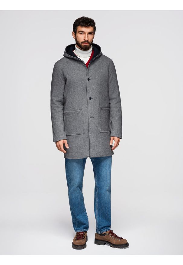 Ombre Clothing - Melanżowy męski długi płaszcz z kapturem – szary V1 - Rozmiar: M. Typ kołnierza: kaptur. Kolor: niebieski. Materiał: poliester, tkanina, wełna, materiał, nylon, syntetyk. Długość: długie. Wzór: melanż. Sezon: zima. Styl: elegancki