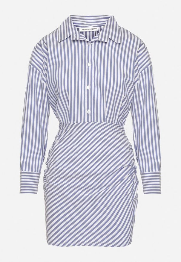 Born2be - Niebieska Koszulowa Sukienka w Paski o Dopasowanym Kroju Meveira. Okazja: na imprezę. Typ kołnierza: kołnierzyk klasyczny. Kolor: niebieski. Długość rękawa: długi rękaw. Wzór: paski. Typ sukienki: koszulowe. Styl: klasyczny