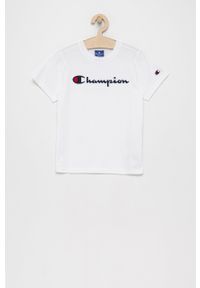 Champion T-shirt bawełniany dziecięcy kolor biały z aplikacją. Okazja: na co dzień. Kolor: biały. Materiał: bawełna. Wzór: aplikacja. Styl: casual
