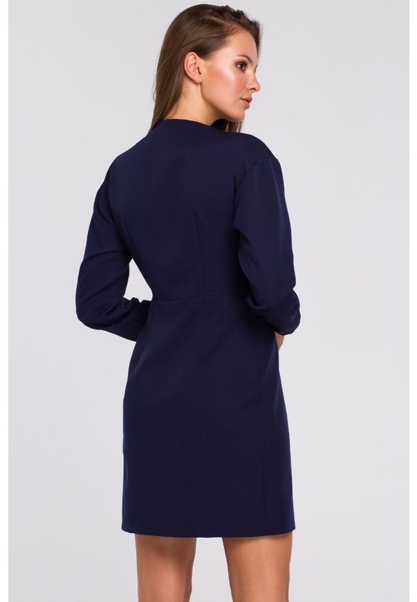 Sukienki.shop - Sukienka elegancka kopertowa asymetryczna mini granatowa. Kolor: niebieski. Typ sukienki: asymetryczne, kopertowe. Styl: elegancki. Długość: mini